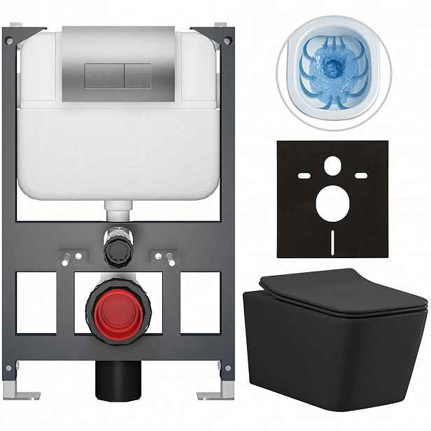 Kompletní WC set Basic/Forte - černá matná - WC tlačítko Modulo/Stříbrná - závěsné - nízký modul - předstěnová instalace - 51x36 cm