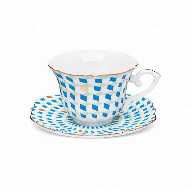 Porcelánová šálek na kávu s geometrickým vzorem a lžičkou