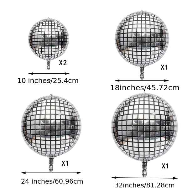 TEMU Stříbrná sada diskotékových balónků: 12palcové + 18palcové + 24palcové + 32palcové stříbrné fóliové balónky - 4D obří kulaté zrcadlově reflexní