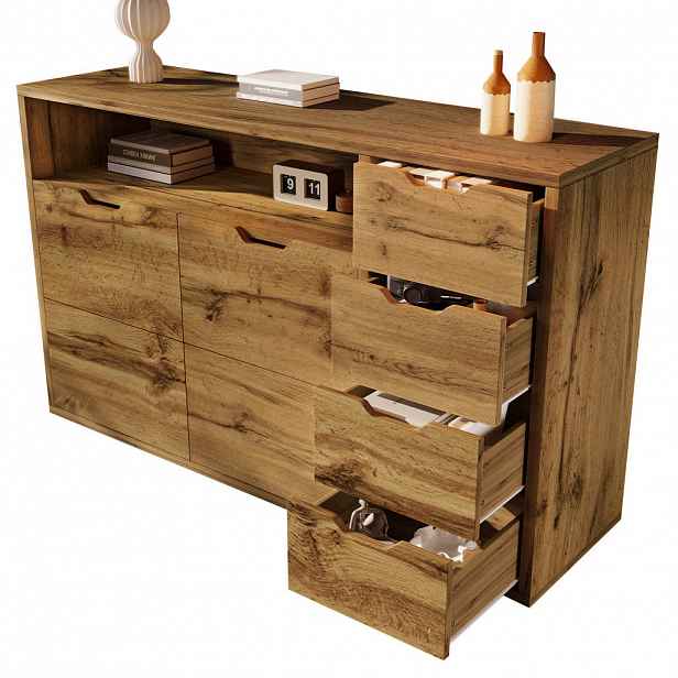 Modfu KOMODA z MDF a kovu 150x40x90 cm dubová s otevřenou policí, 2 dvířky, 4 zásuvkami a tichým dovíráním