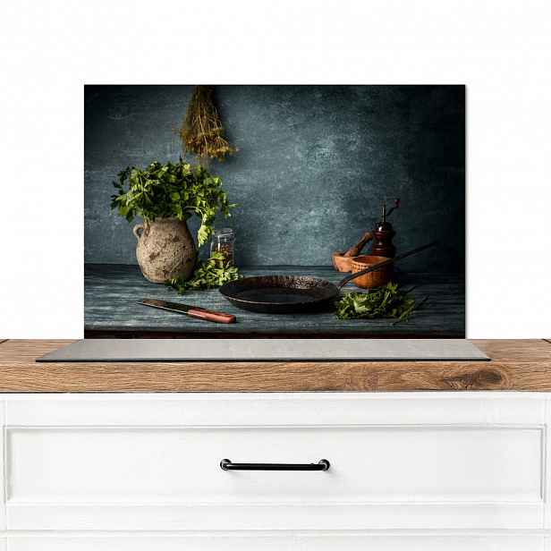 MuchoWow KUCHYŇSKÁ ZÁSTĚNA Bylinky - Koření - Pánev - Nůž - Šedý - Rustikální 70x50 cm