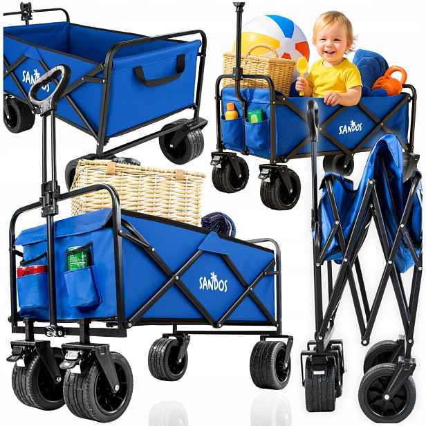 Skládací Vozík Na Turistickou Pláž Modrý 120 L, Karavan, Kemp, 100 Kg