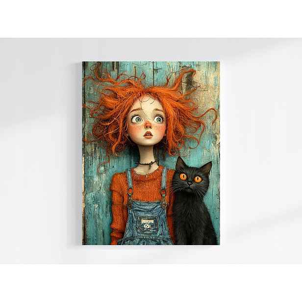 Obraz Na Plátně Canvas Rudá Dívka Černá Kočka Přátelství Portrét 60x80