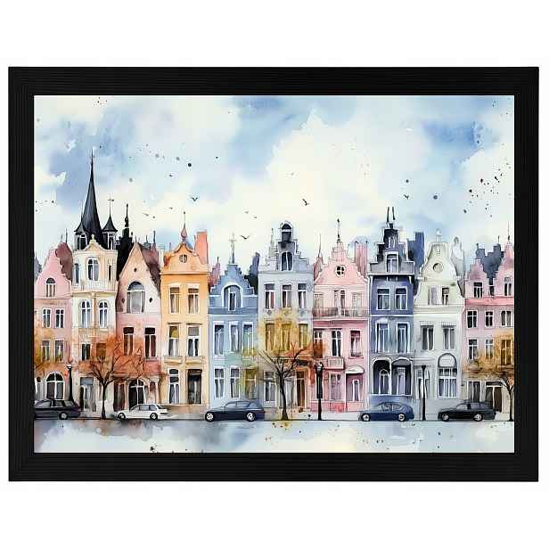 Plakát Rámeček Dřevo Barevné Kamínky Belgické Domky Ulice 80x60