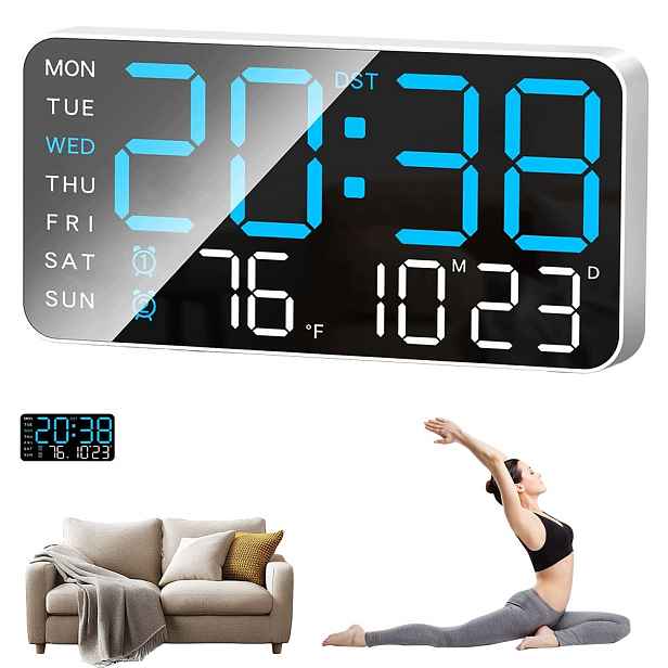 Led digitální hodiny 2v1, závěsné, stojící, bílé a modré, Usb, 21,5 cm, obývací pokoj
