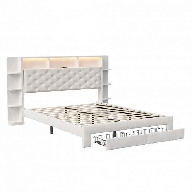 ČALOUNĚNÁ postel 140x200 cm velur s LED, USB a 2 zásuvkami bílá