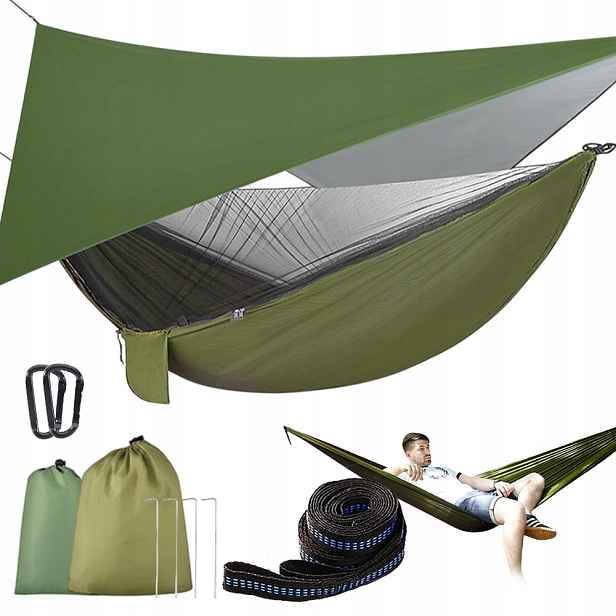 Turistická Houpací Síť 290X140 cm Hotová Sada Karabinových Pásků V Pouzdře