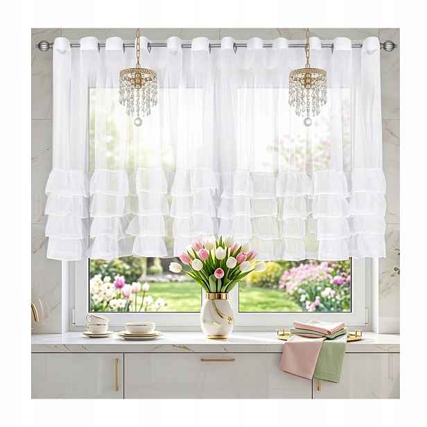 Záclona Bílá s Volánky Krátká Oka Elegantní Obývací pokoj Kuchyně 400x130