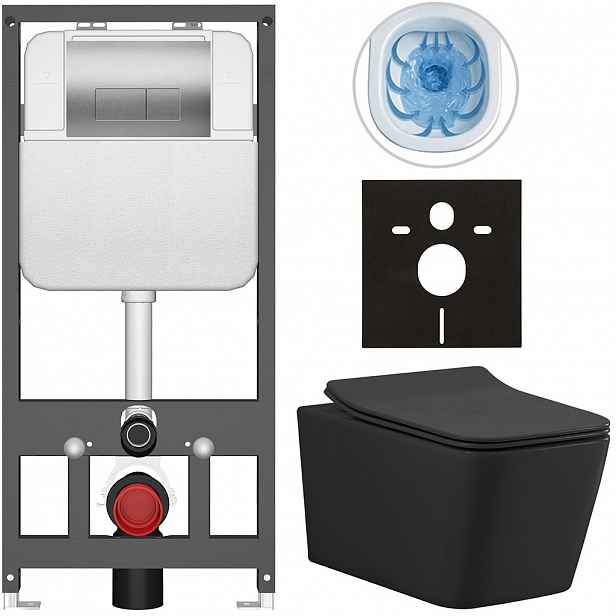 Kompletní WC set Basic/Forte - černá matná - WC tlačítko Modulo/Stříbrná - závěsné - předstěnová instalace - 51x36 cm