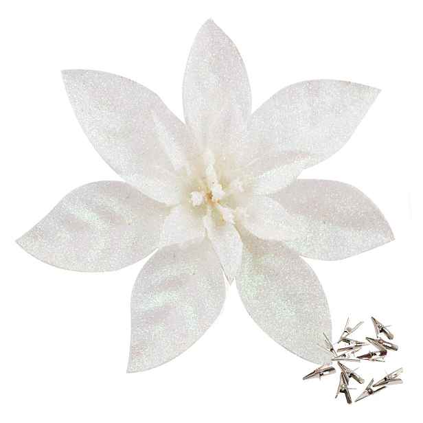 Květy Poinsettie Třpytivé Bílé Na Vánoční Stromeček 16 CM 12 Ks Klipů