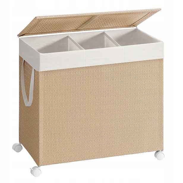 Béžový mobilní koš na prádlo 3 x 45 l 140 l se 3 přihrádkami Rattanové víko