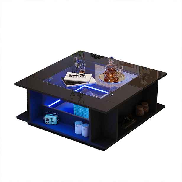 EVRYAE KONFERENČNÍ STOLEK Čtvercový se skleněnou deskou a LED, vysoký lesk Černá, 70/70/30 cm moderní