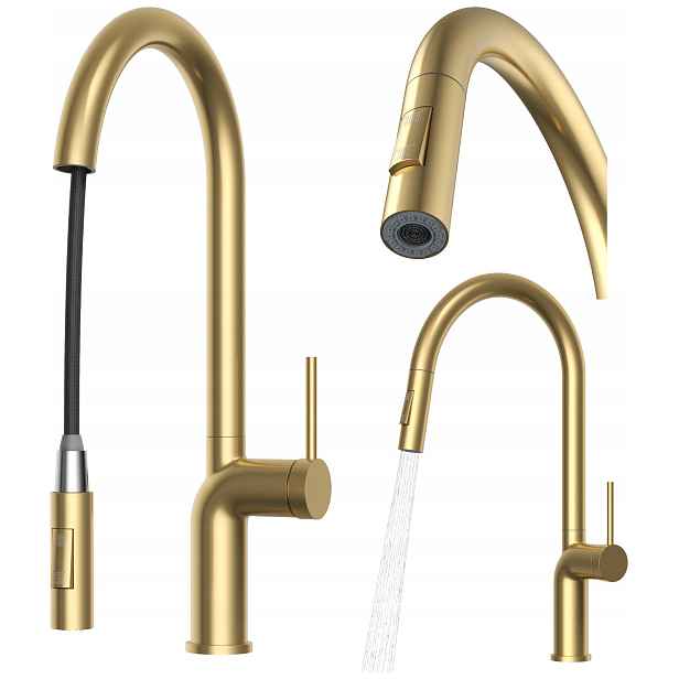 Kuchyňská baterie Brush Gold s vytahovací sprškou pro stojanový dřez Oxi