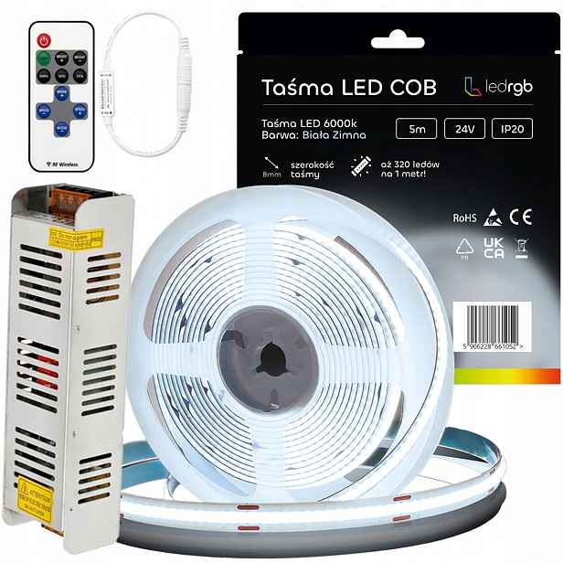 Sada Led pásků Neon Cob 24V 5 m 6000K Bílá Studená Napájecí Zdroj 60W Dálkový Ovladač 8 mm
