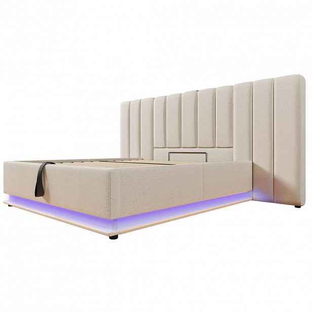 Modfu ČALOUNĚNÁ postel ze lnu 180x200 cm béžová s LED, USB-C, úložným prostorem a matrací