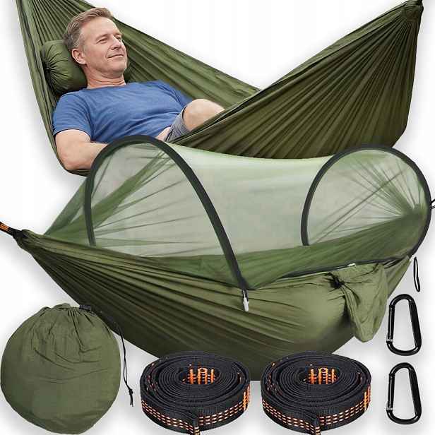 Turistická Bivakovací Dřevěná Houpací Síť Pro Dvě Osoby, Lehká, 275 X 140 CM, Montážní Pásy