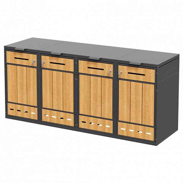 Modfu BOX na odpadkové koše z oceli 264x80x118 cm šedá/dekor dřeva se 4 oddíly, výklopným víkem, předními dvířky a větráním