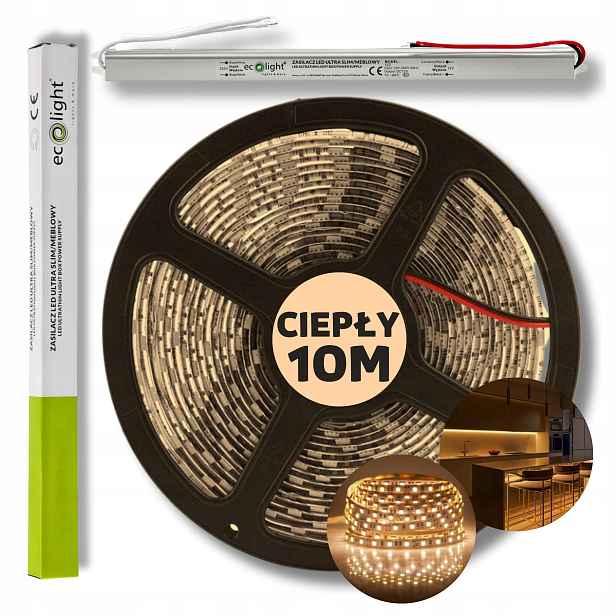 Set 10 m Pásek Led pásek Smd bílý teplý s napájecím zdrojem 12 V