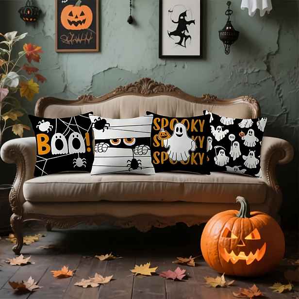 TEMU Sada 4 strašidelných povlaků na polštáře na Halloween, oboustranně potištěné povlaky na polštáře s pavouka, černé kočky, ducha a dýně, design