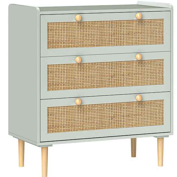Modfu KOMODA z dřevovláknité desky 80x87,5x40 cm světle modrá se 3 zásuvkami v boho stylu a ratanovým vzhledem