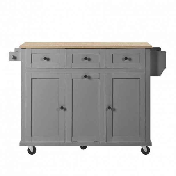 Modfu KUCHYŇSKÝ ostrůvek z MDF 112x76,2x92,7 cm přírodní a šedý s výsuvnou deskou, kolečky a přihrádkou na odpad