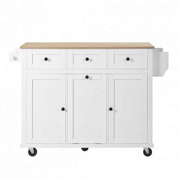 Modfu KUCHYŇSKÝ ostrůvek z MDF 112x76x92 cm bílá a přírodní s kolečky, výsuvnou deskou a přihrádkou na odpad