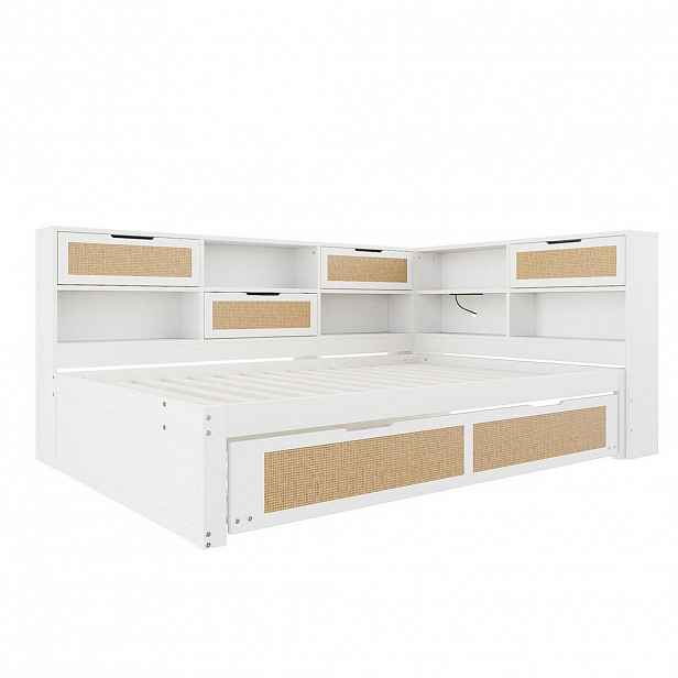 Modfu MULTIFUNKČNÍ postel z dřeva 140x200 cm bílá s výsuvným lůžkem, USB porty a úložným prostorem