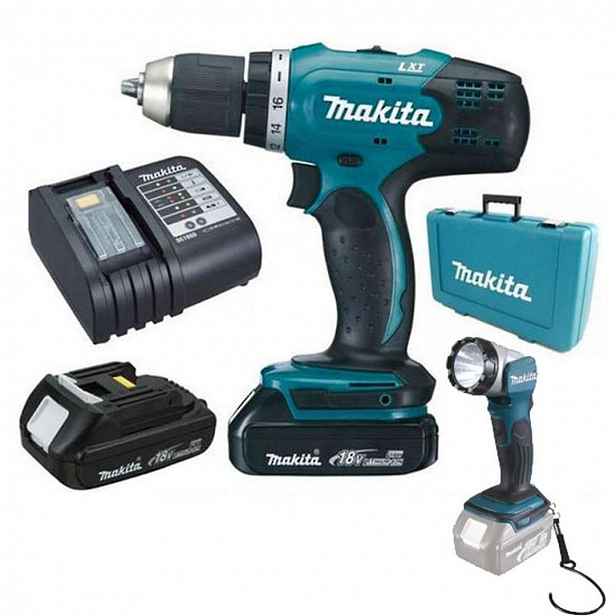Makita - 18V AKU sada vrtačky a LED svítilny, 2x aku 1,5 Ah Li-Ion, nabíječka DDF453SYEL