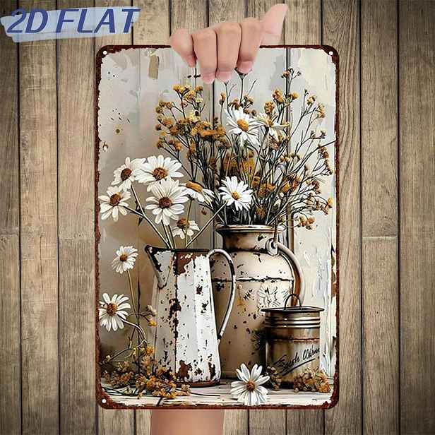 TEMU 2D plochá 1ks, "Rustikální šarm: Sušené sedmikrásky ve vintage kelímech", kovová železná cedule, velikost (8"X12"/20 cm X 30 cm) dekorativní