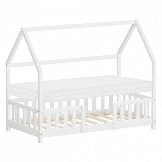 ML-DESIGN DĚTSKÁ POSTEL 80x160 cm s matrací a ochrannou zábranou, bílá, z masivního borovicového dřeva