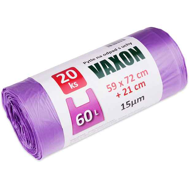 Pytle na odpadky Vaxon 60 l – 20 ks, 15 µm, s uchy, fialové 3400