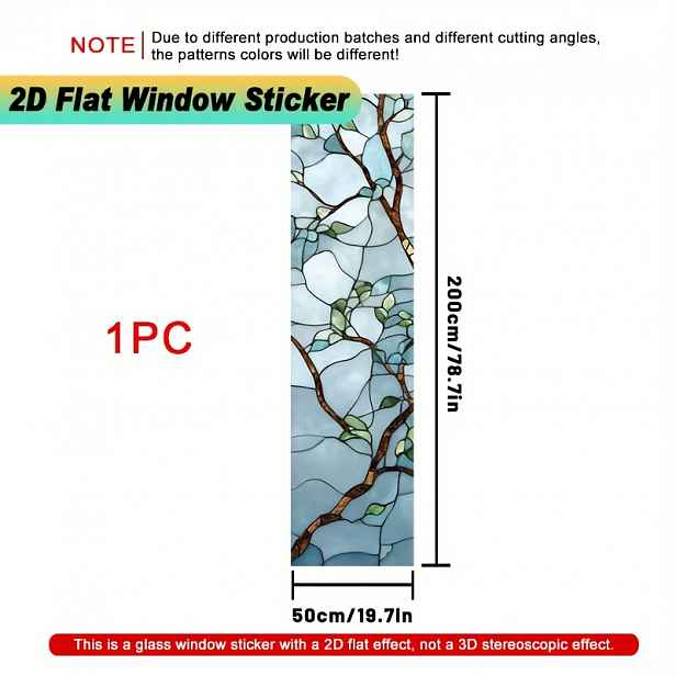 TEMU 2D Plochá, 1 ks Velká Fólie na Sklo s Vitrážovým Vzorem - PVC Samolepicí Fólie s Listovým pro Soukromí (50x200 cm/196x787 cm²) - Matná