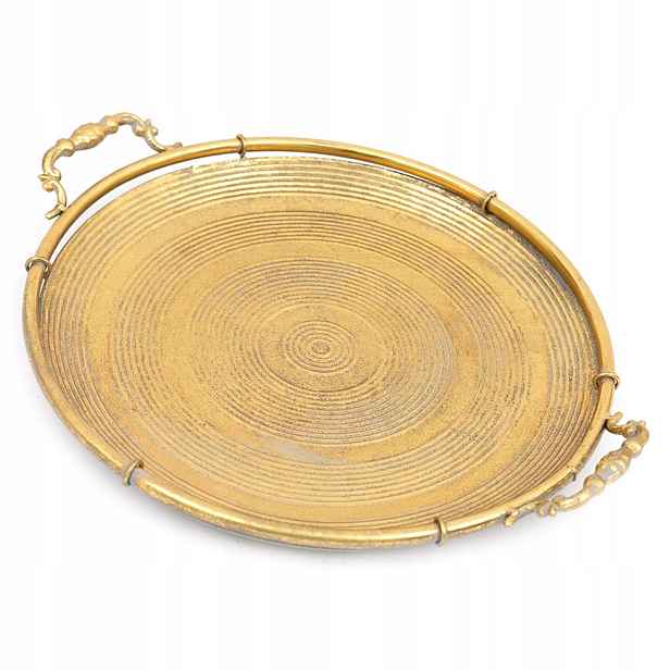 Kulatý Kovový Podnos Zlatý 35 cm S Úchyty Retro