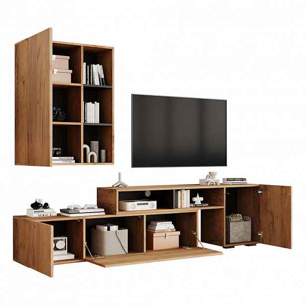 Modfu OBÝVACÍ stěna z dřevotřísky 135x35x53.5 cm dubová a černá s nastavitelnou TV skříňkou a nástěnnou skříňkou