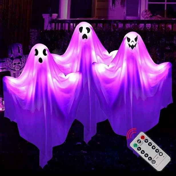 Dekorace na Halloween duchové na sloupku svítící Led Sada 3 ks dálkové ovládání