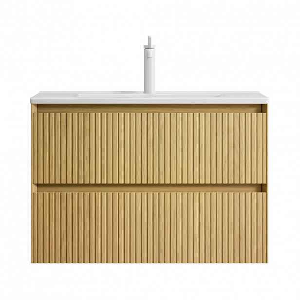Modfu KOUPELNOVÁ skříňka s umyvadlem z keramiky a překližky 75x39x51 cm bílá a zlatý dub se 2 zásuvkami a tichým dovíráním