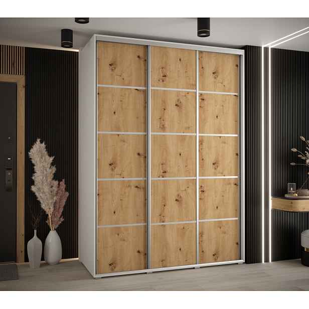 Šatní skříň YVONA 4 - 170/60 cm, bílá / dub artisan / stříbrná