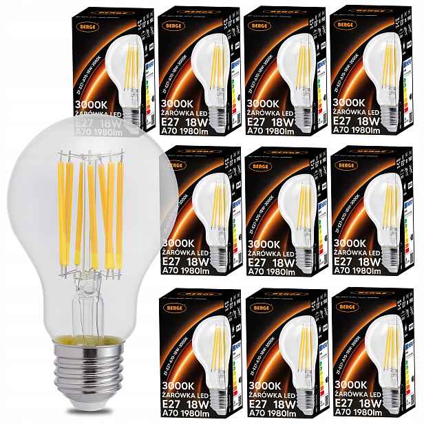 Led žárovka E27 18W 150W 1980lm 3000K Teplá Filament Loft A70 Sada 10x