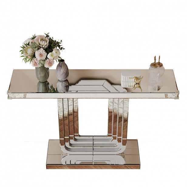 Modfu KONZOLOVÝ stolek ze skla a MDF 120x30x76 cm stříbrný se zrcadlovým povrchem a stabilní podnoží ve tvaru U