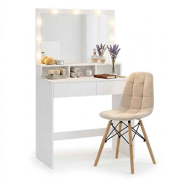 Toaletní Stolek Velký Bílý Se Zrcadlem 9 Led Na Líčení Velurová Židle Set