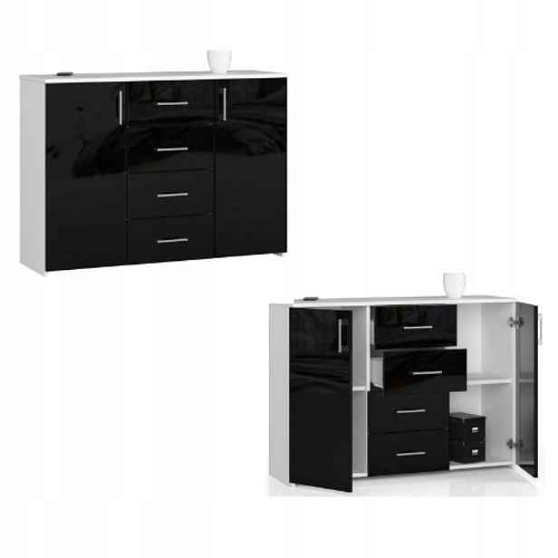 Komoda skříňka K45 110 cm 4 zásuvky bílá/černý lesk Akd