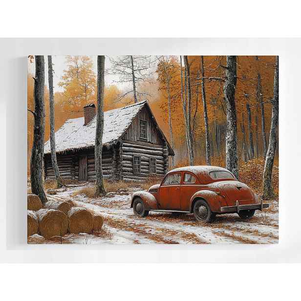 Plakát Zima Sníh Les Dům Chatka Auto Vintage 100x75