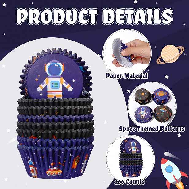 TEMU 200 ks vesmírných košíčků na košíčky, astronaut, raketa, vesmírná loď, , pečící košíčky, standardní obaly na muffiny a košíčky, vhodné pro řady,