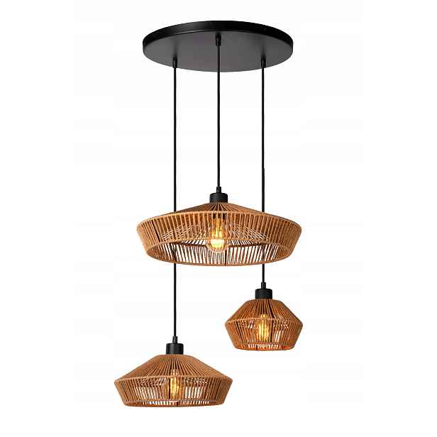 Závěsná lampa boho trojitá černá hnědá nad stůl a ostrov do obývacího pokoje Lucide