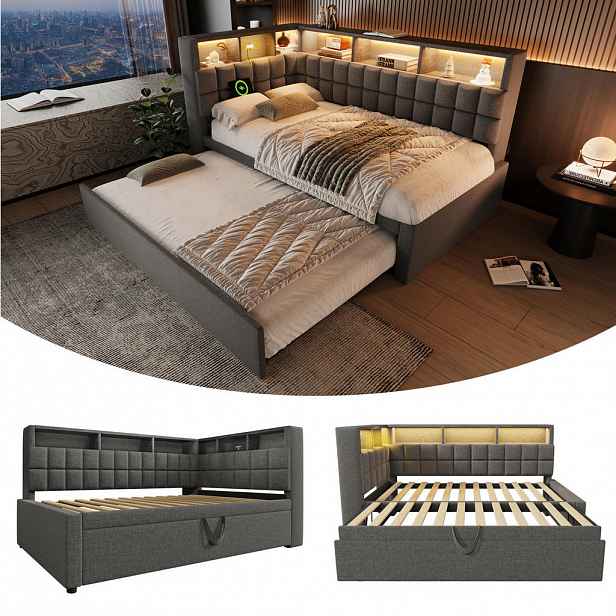 Modfu ČALOUNĚNÁ postel ze lnu 90x200 cm šedá s výsuvným lůžkem, LED, Bluetooth reproduktory, USB a USB-C