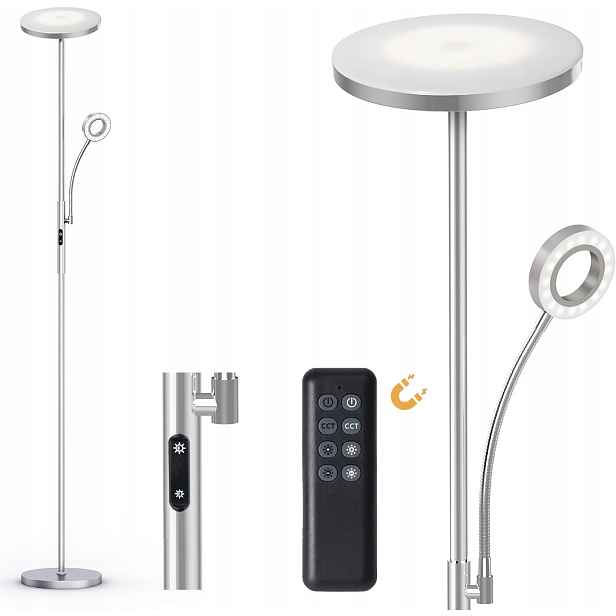 Led podlahová lampa 35W 4200lm s dálkovým ovládáním, stmívatelná, stříbrná