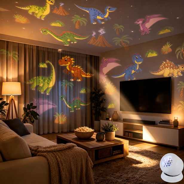 TEMU Dynamická projekční lampa s dinosaury, noční světlo napájené přes USB, pohyblivá projekční lampa s dinosaurů, prvky dinosauřího lesa, 360°