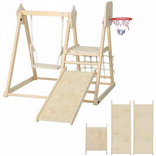 AIYAPLAY LEZECKÁ STĚNA MONTESSORI se skluzavkou, houpačkou a basketbalovým košem