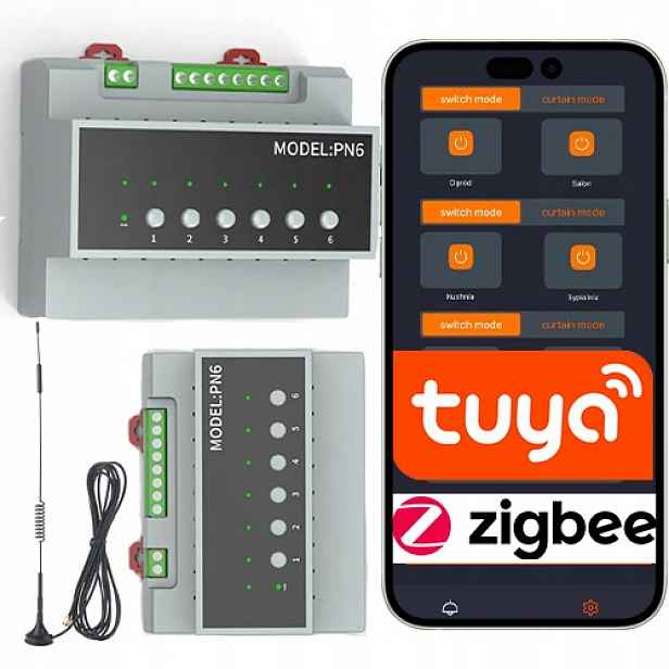 6-kanálový Zigbee relé s anténou na Din lištu (in/out) ZIGBEE2MQTT