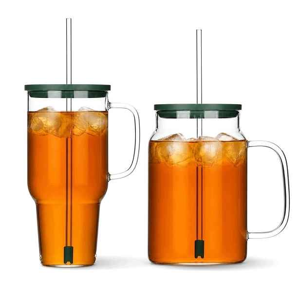Hrnek s brčkem skleněný 1,1 l a 1,5 l, sada 2 ks s víkem z borosilikátového skla